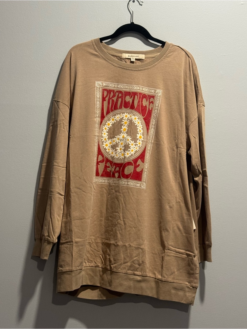 Blue Velvet Practice Peace Graphic Sweatshirt Dress - Tan with Red & White Print